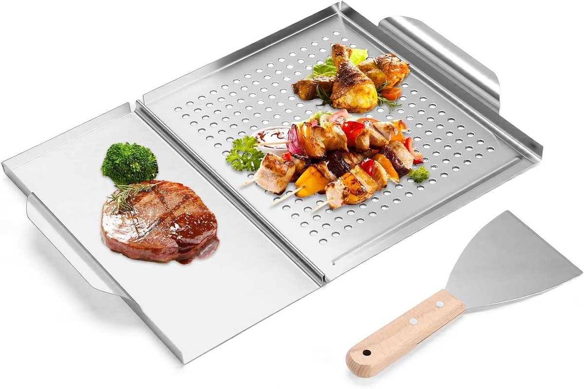 BBQ Grillpan - Grillplaat - Buiten Koken - Roestvrij Staal - 45x31 cm - Zilver