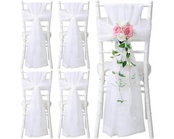 BORDEAG 5 stuks Organza stoelband, stoelversiering voor bruiloft, stoeldecoratie met strik 200 X 150 cm wit, voor feest, bruiloft, ceremonie, woonkamer, eetkamerstoel