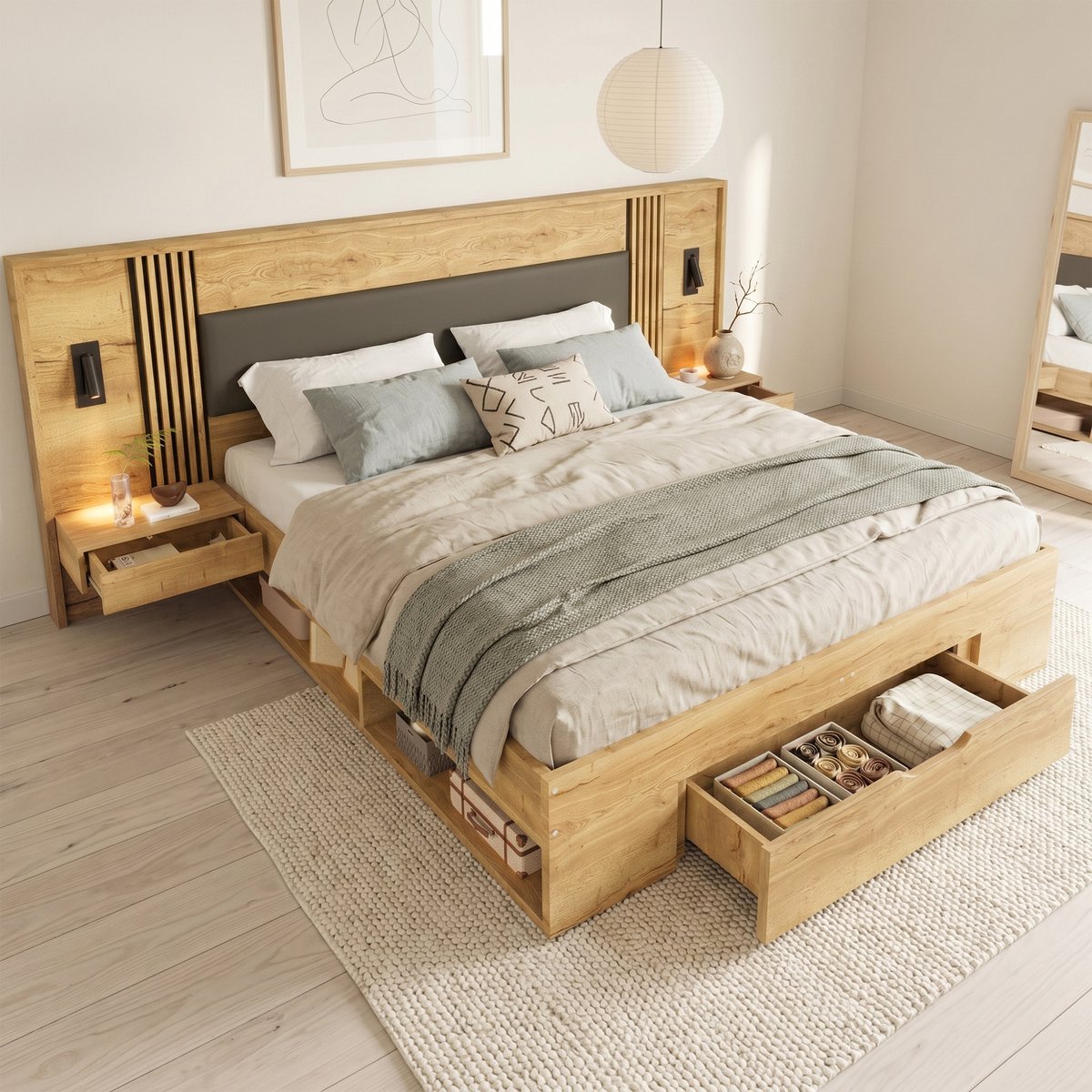 BLACKCOLORS Tweepersoonsbed 180*200 cm, opbergbed, houten bed, jeugdbed, met leeslamp, met 2 nachtkastjes, met lades, natuurlijke kleur
