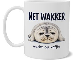 Mok Ochtendhumeur met Schattige Zeehond en Tekst Net Wakker Wacht Op Koffie - Dieren Aquarel Illustratie - Leuk Cadeau voor Thuis of Kantoor voor de Koffieliefhebber