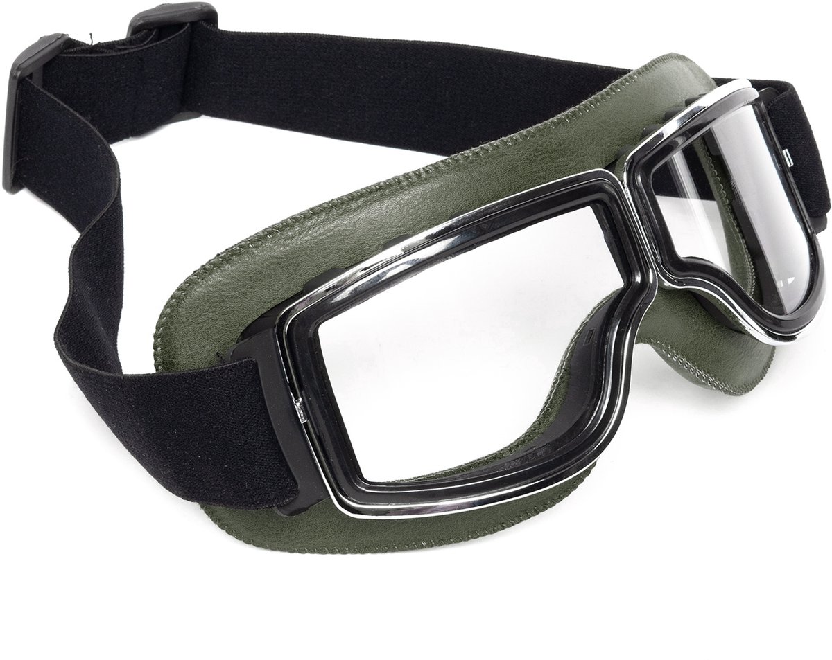 KIMU® Goggles Motorbril Skibril - Bril Groen Montuur - Transparante Glazen - Leatherlook Pilotenbril Vintage Motor Retro Steampunk Lederen Heren Festival