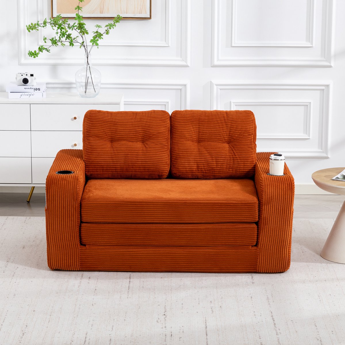 MODFU 2-Zits Vloersofa - Modulair Ontwerp Met Zijvakken En Bekerhouders - Cordstof - Oranj