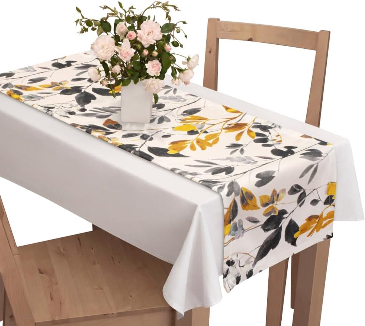 Lange Tafelloper Goud Grijs Bladeren Patroon Elegant Tafelkleed 200 cm