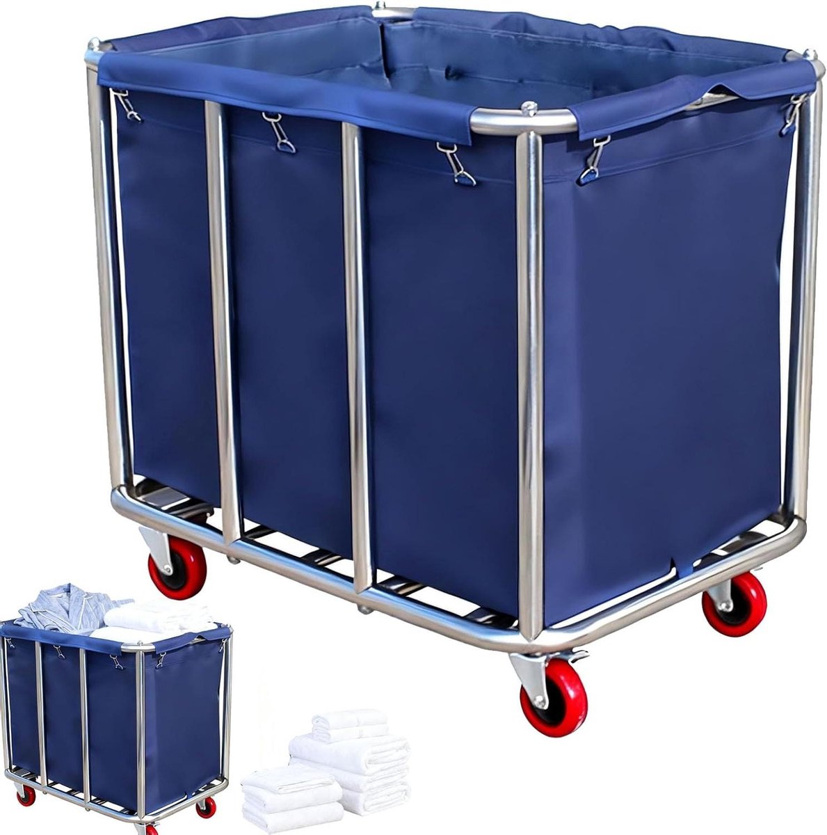 Wasmand met Wielen - Waswagen Wasbak - Kleding Opslag Transport - Roestvrij Staal Frame