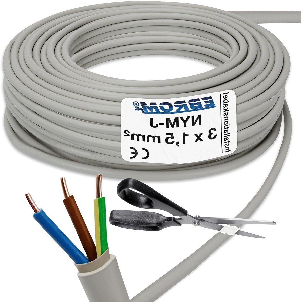 Installatiekabel NYM-J - Plastic Installatielijn - Vaste Elektrische Installatie - Afgeschermd PVC - 3x15 mm2 25m - Grijs