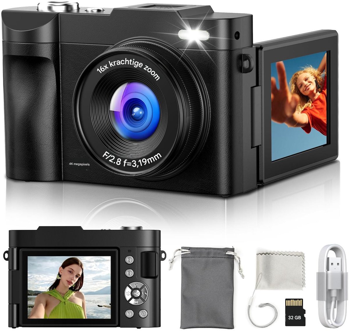 carmdering - Digitale Camera - Digitale Fotocamera - Compact Camera - 4K Video Opname - 180° Draaibaar Scherm - Duurzaam Plastic - Lichtgewicht Design - Ideaal Voor Vloggen En Reizen - 1 Stuk