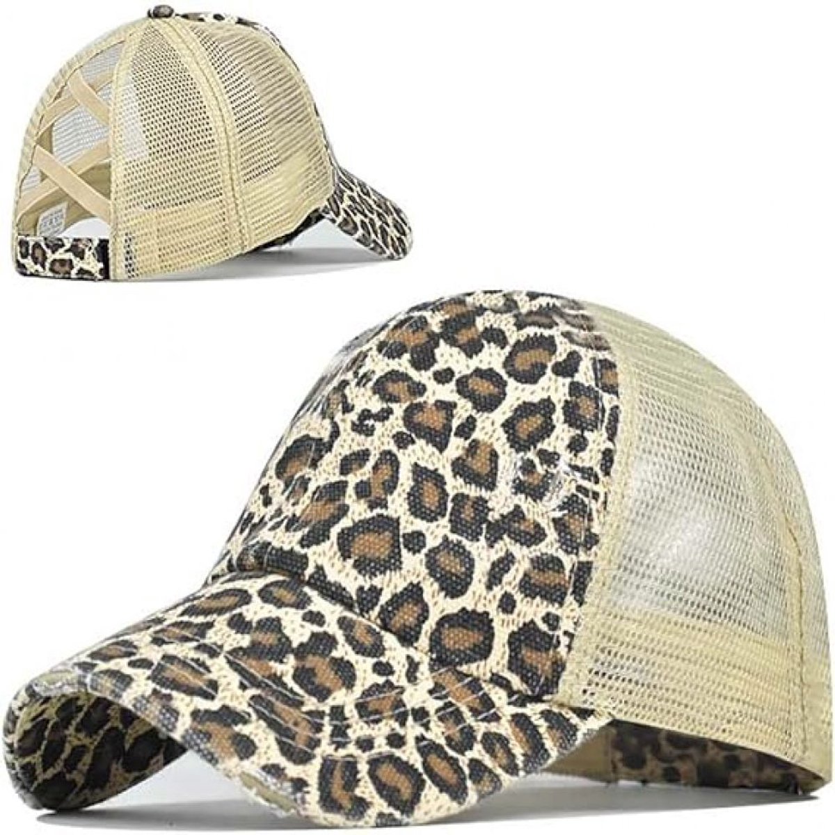 carmdering - Dames Meisjes Luipaard Print Baseballpet - Dames Meisjes Leopard Print Trucker Cap - Sport Muts - Verstelbare Achterriem - Paardenstaart Opening - Polyester - Lichtgewicht En Comfortabel - Ideaal Voor Reizen En Golf - 1 Stuk - Wit