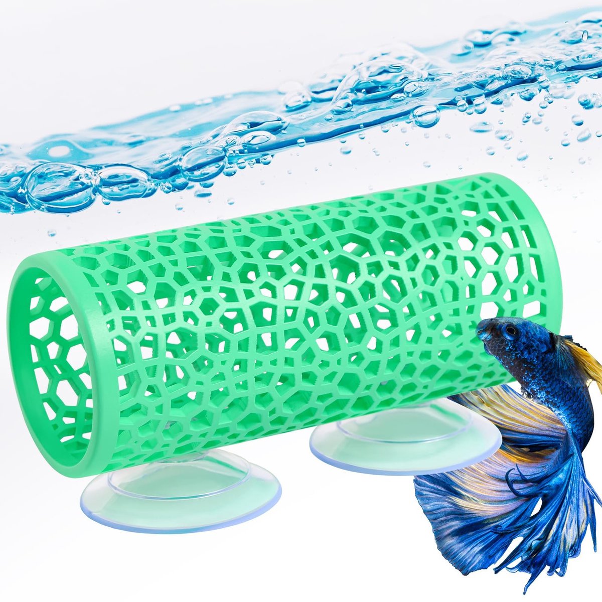 carmdering - Bettatunnel - Vis Schuilplaats - Aquariumdecoratie - Groen, hol ontwerp, veilig voor kleine vissen - Inclusief zuignappen, corrosiebestendig - Perfect voor betta's en garnalen - Eenvoudig te installeren