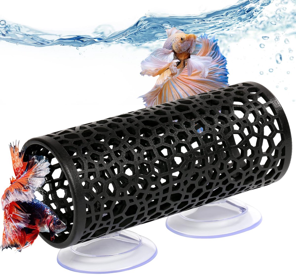 carmdering - Bettatunnel - Vis Schuilplaats - Aquariumdecoratie - Zwart, hol ontwerp, veilig voor kleine vissen - Inclusief zuignappen, corrosiebestendig - Perfect voor betta's en garnalen - Eenvoudig te installeren