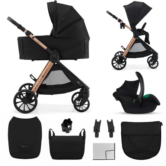 Poussette noire, nacelle, siège auto et accessoires. Cadre couleur cuivre.