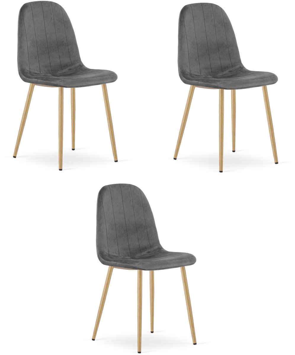 Set van 3 eetkamerstoelen PADVA - Donkergrijs fluweel - Eiken poten - Modern design