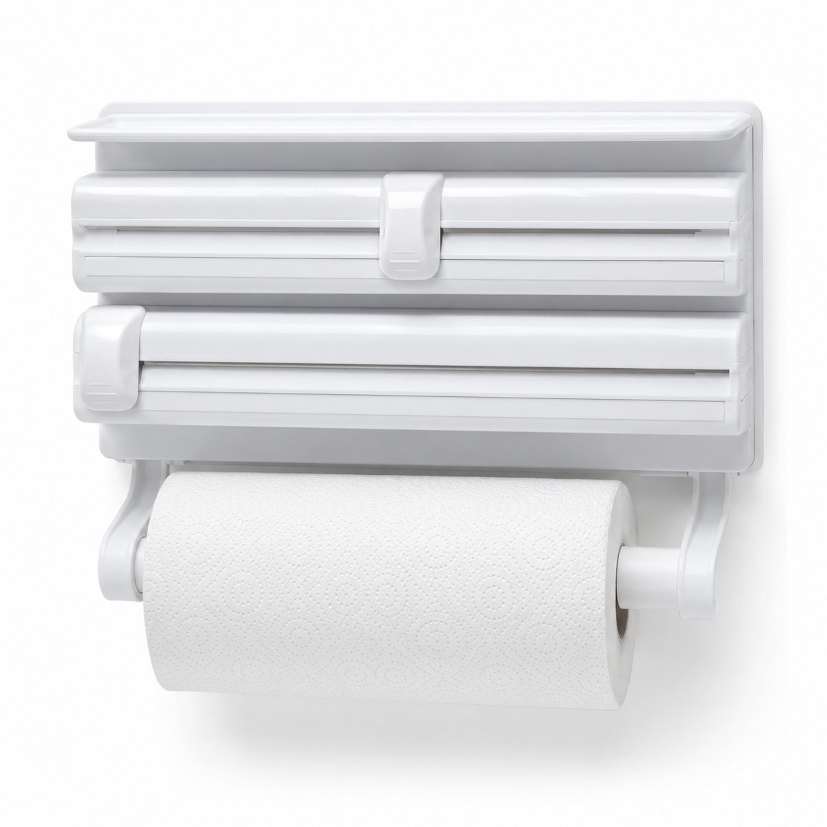 Triple Papier Dispenser – Keukenrolhouder voor huishoudfolie, aluminiumfolie en keukenpapier – 37 x 8,5 x 25 cm – Wit