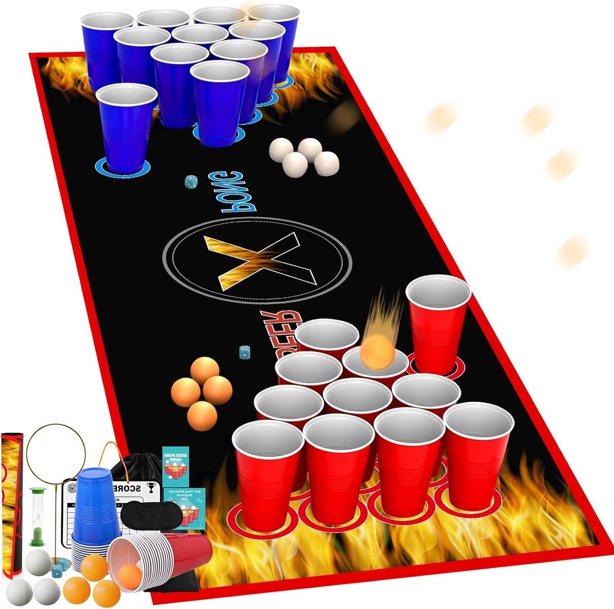 Drinkspel Set - Bierpong Set - Feestelijke Spelavonden - Waterdichte Tafelmat - 180 x 60 cm - Zwart