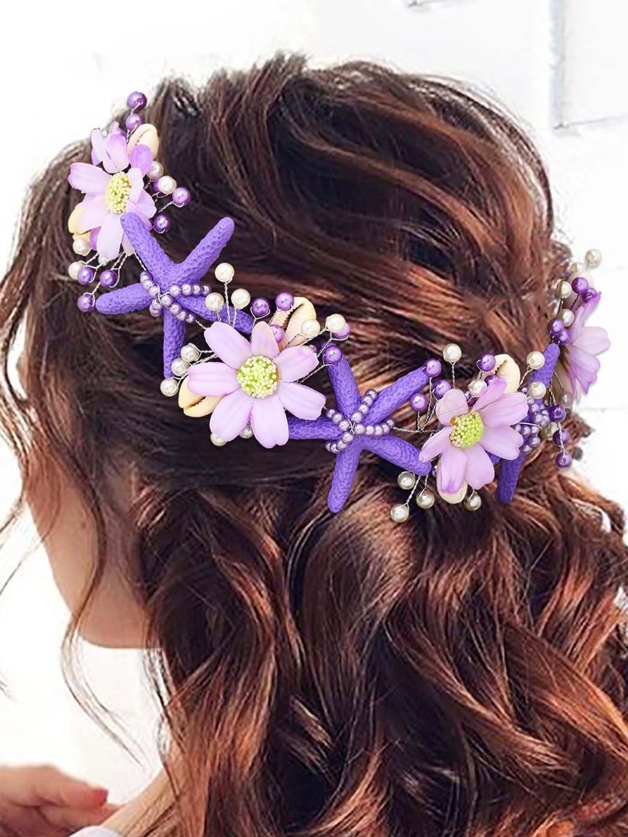 Paarse Zeester Bruid Hoofdsieraad met Parels en Bloemen voor een Droomachtige Zeemeermin Look