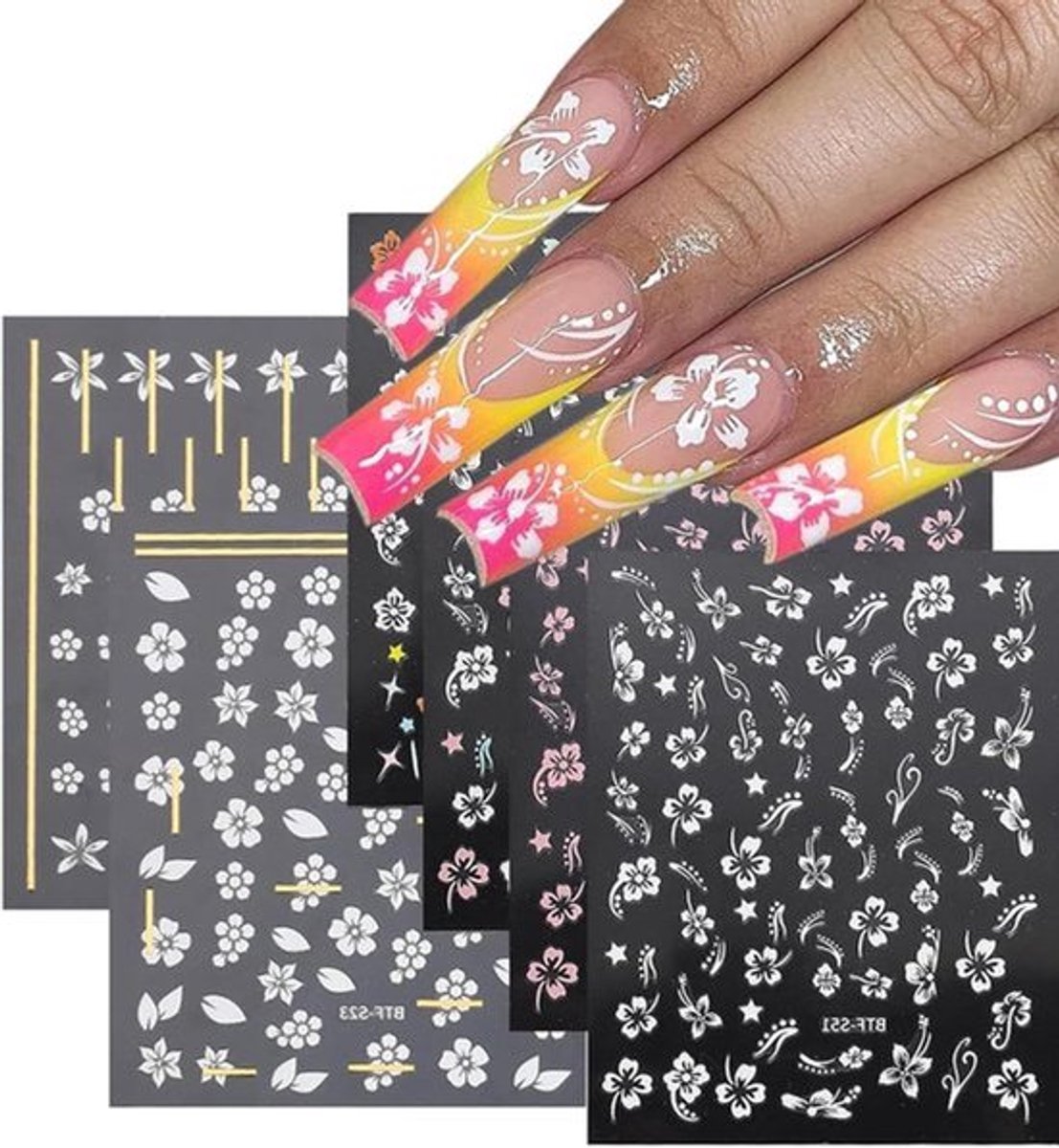 6 vellen 3D hibiscusbloemen nagelstickers zelfklevend nagelontwerp nagelkunst