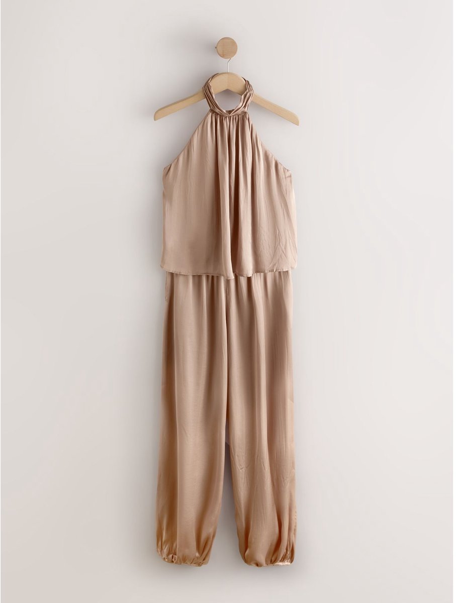 Next - Dames - Satijnen jumpsuit met ballonpijpen en halter - Tall - Bruin