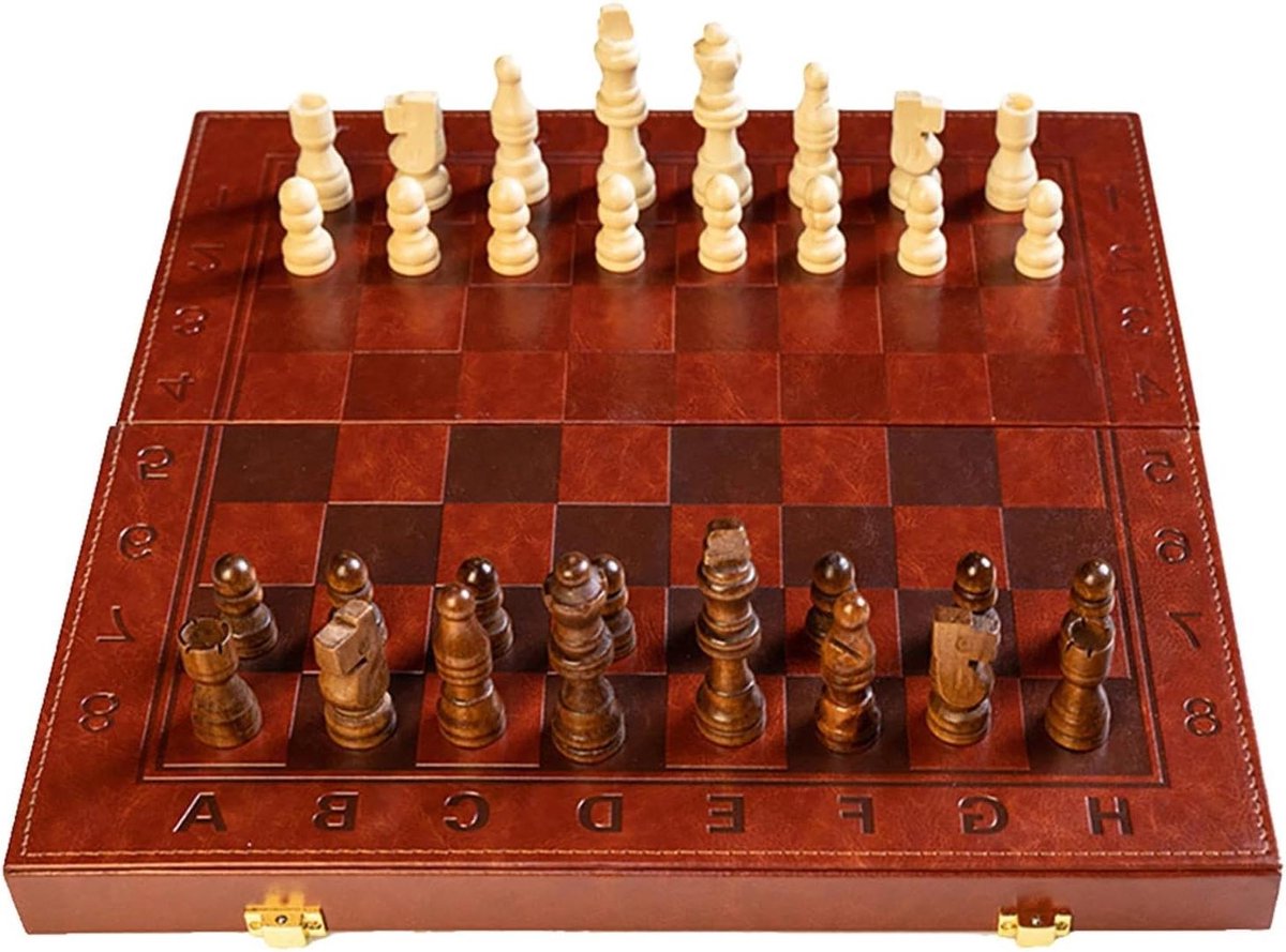 Houten Schaakspel - Bordspeelset - Intellectueel Spel - Inklapbaar Opbergontwerp - 294 x 145 x 54 cm - Houtkleur