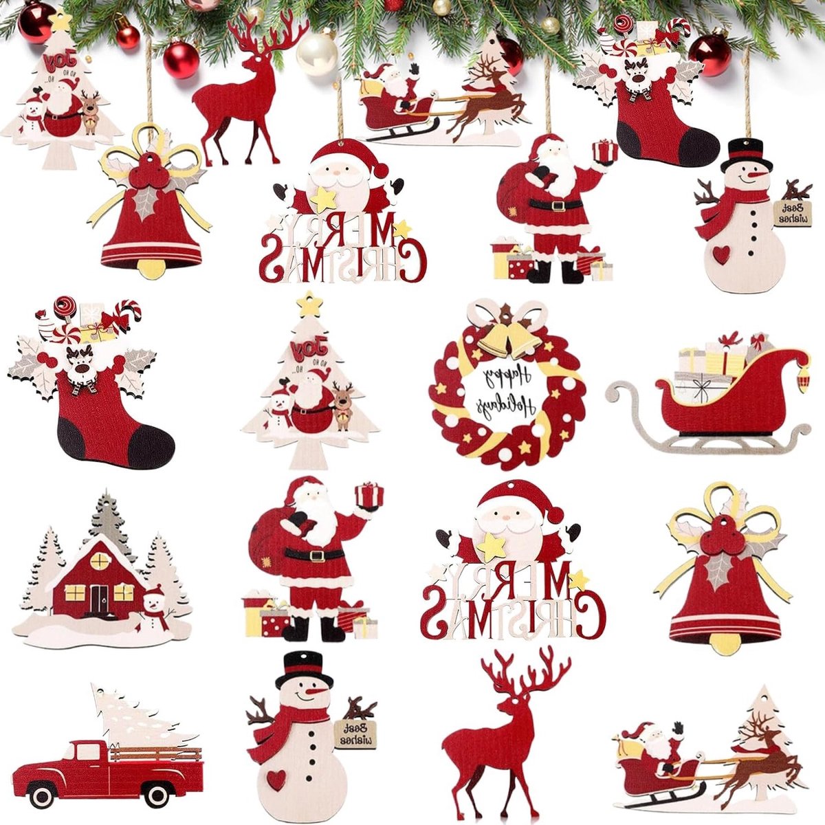 Houten kerstdecoraties set van 24 stukken voor een sfeervolle kerstversiering