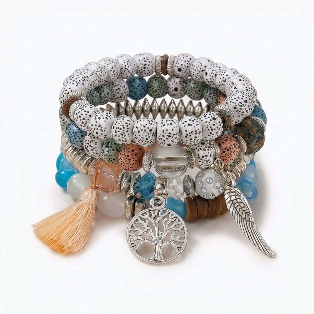 4-delige Armbanden set voor dames – Elastische Kralenarmbanden met Charms & Natuurlijke Accenten