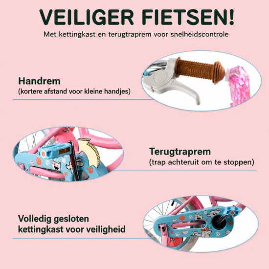 Vankel Kinderfiets 14 Inch - Met Steunwielen - Terugtraprem en Velgrem - Sterk Stalen Frame - Volledig Gesloten Kettingkast - Afneembare Fietsmand - Verstelbaar Zadel - Antislip Banden - Geschikt voor 2-4 Jaar - Duurzame Kinderfiets– Roze van VANKEL — afbeelding 5
