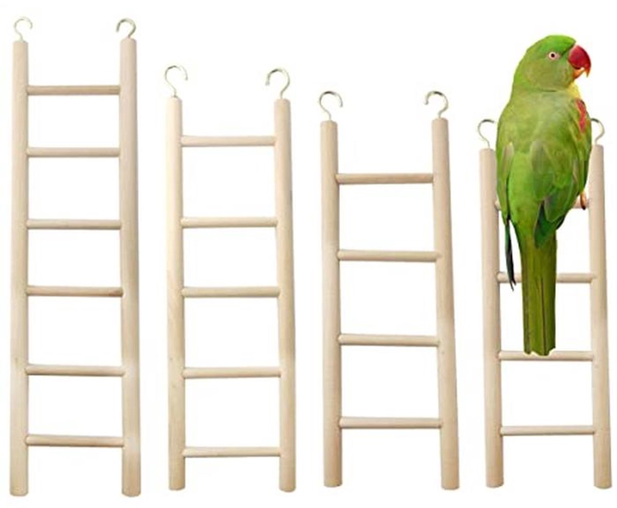 Vogelspeelgoed Houten Ladder - Vogel Klimspeelgoed - Dierenkooi Inrichting - Natuurlijk Hout Materiaal - 4 Maten Set - Lichtbruin