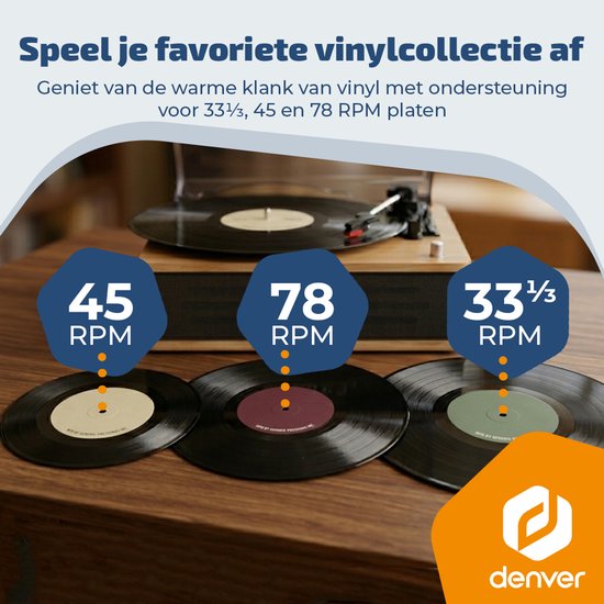 Drie vinylplaten met aanduidingen voor 45, 78 en 33⅓ RPM naast een platenspeler.
