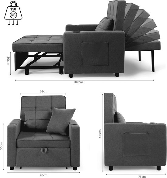Sleeping Chair Sofa Bed Tommy Foldable 3in1 with Armrests - Bed Function - Adjustable Backrest - 2 Cushions Cup Holder - Up to 150 kg Folding Bed Sofabed Bed Chair in Dark Grey — afbeelding 4
