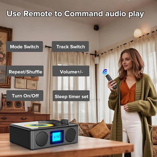 Draagbare cd-speler met luidsprekers- oplaadbare Bluetooth cd-speler met FM-radio en afstandsbediening - MP3/USB/TF afspeelbaar met stereogeluid - Slaaptimer/lcd-display/koptelefoonaansluiting — afbeelding 5