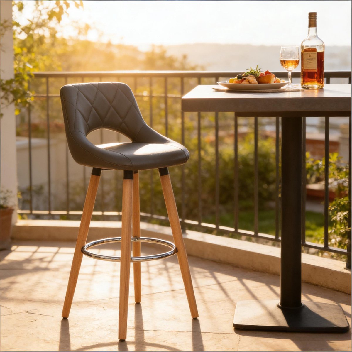 FloraGrace Barkruk – Ergonomische Rugleuning – 1 Stuk – Kunstleer En Massief Hout – Modern – Grijs – Voor Keuken En Bar