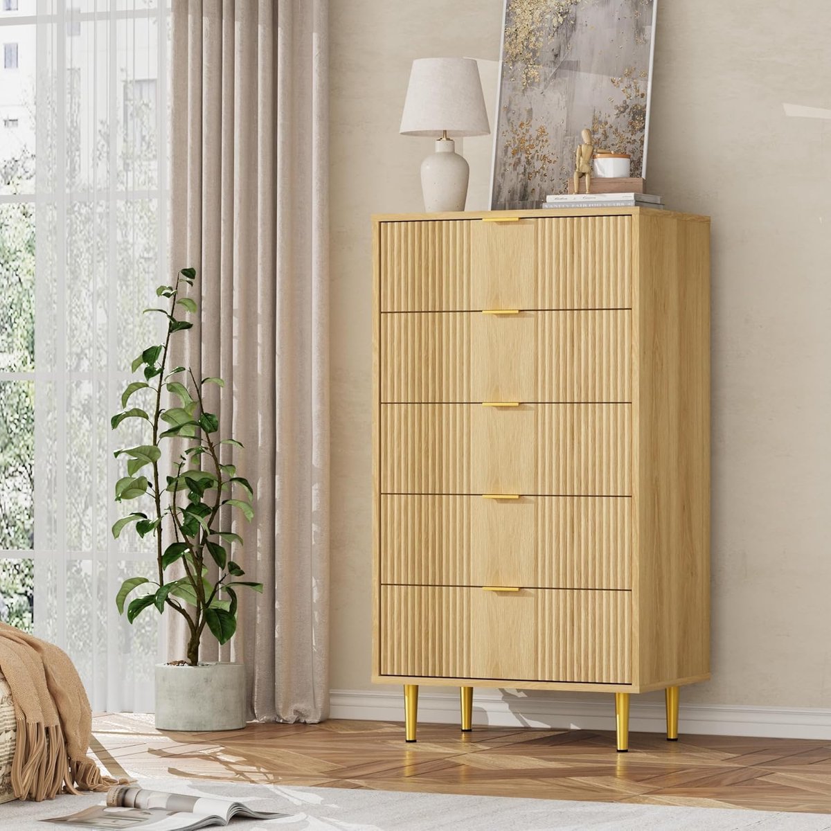 Moderne Houten Ladekast met 5 Lades - Wit - 40 x 60 x 112 cm - Commode met Geribbeld Design - Hoge Opbergkast voor Slaapkamer, Woonkamer en Hal