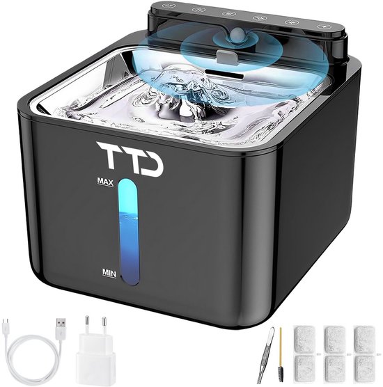 Zwarte TTD drinkfontein met verlichte waterniveau-indicator en USB-kabel en adapter.