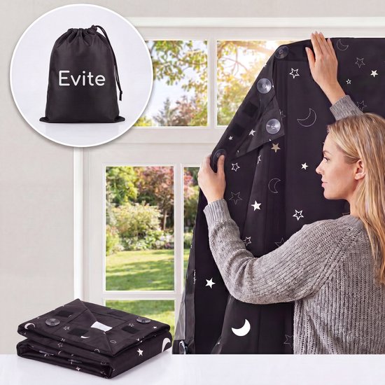 Evite Verduisteringsgordijn met Zuignappen - Blackout Curtain - 200x130cm - Inclusief Opbergtas - Zwart