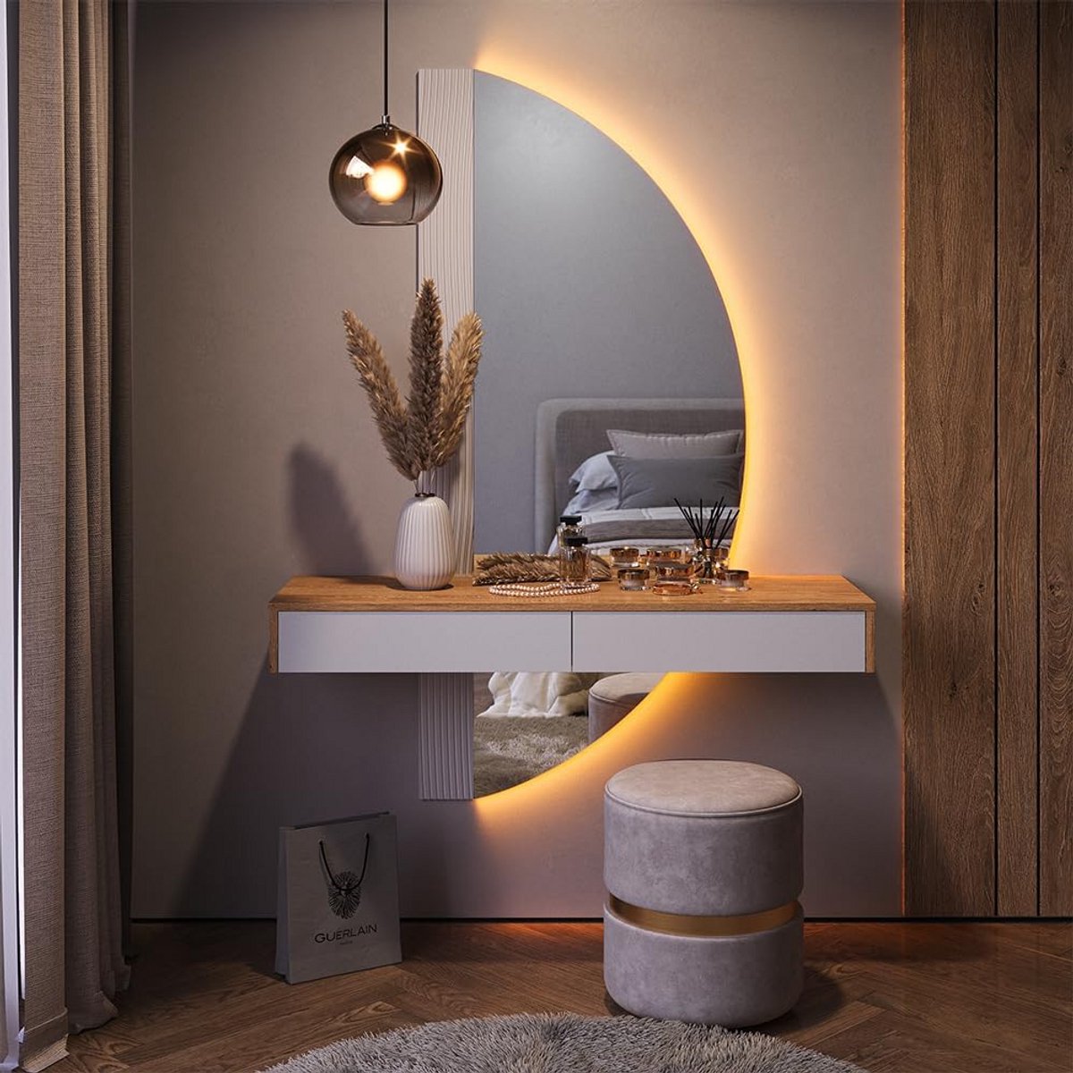 Kaptafel met spiegel - Cosmeticatafel - Make-up aanbrengen - Geïntegreerde LED-verlichting - 120 cm breed - Eikenwit