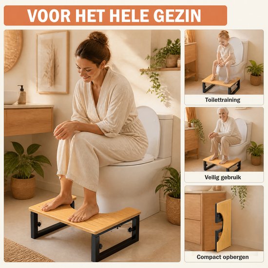 Een vrouw zit op een toilet met het bamboe krukje. Rechtsboven een kind en een oudere vrouw gebruiken het krukje. Tekst: Voor het hele gezin.