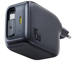 Baseus EnerCore CJ11 45W USB-C Snellader met Ingebouwde USB-C Kabel Zwart