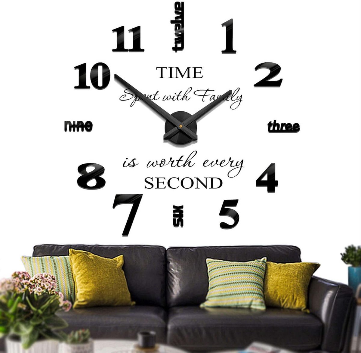 DIY Wandklok - Spiegel Stickers - Wanddecoratie - Stille Beweging - Groot Formaat - Zwart