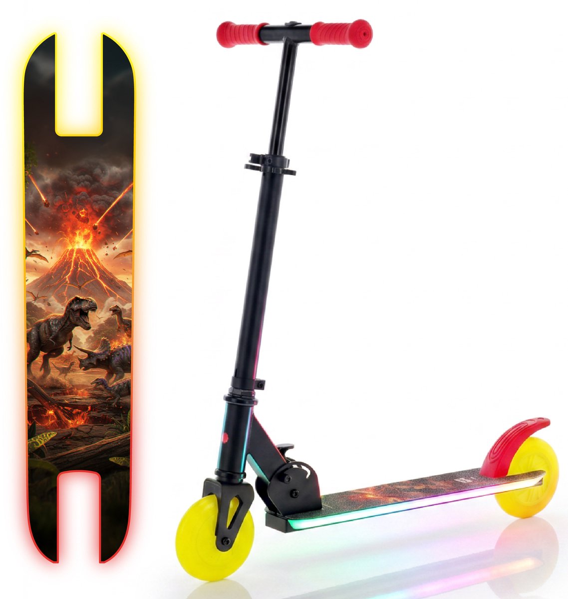 LUMI RIDE Kinderstep 2 wielen, Scooter voor kinderen vanaf 5 jaar, LED - 7 kleuren, 20 programma’s - 3 niveaus stuurverstelling, voetrem, afneembare handvatten (Zwart met dinosaurussen)