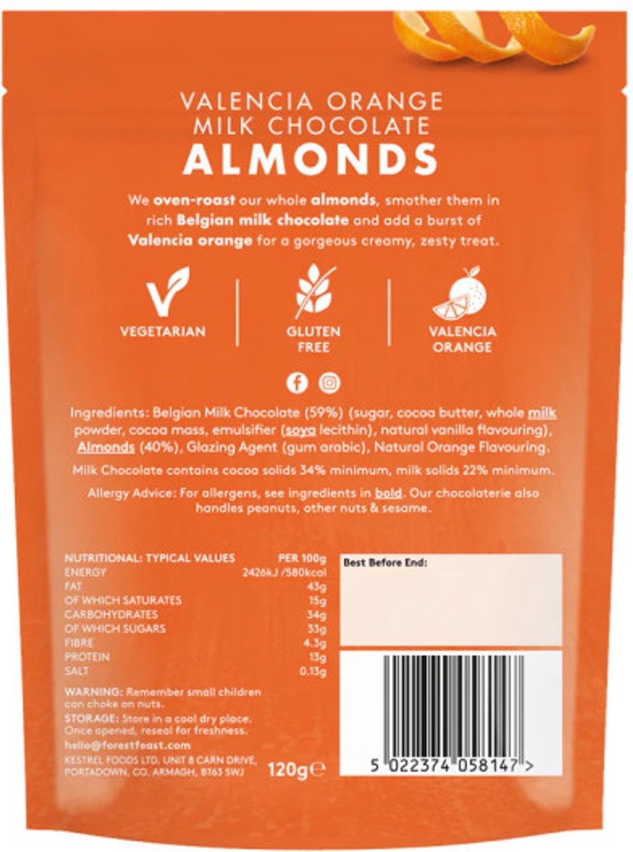 Forest Feast Valencia Orange amandelen met melkchocolade, 120 g