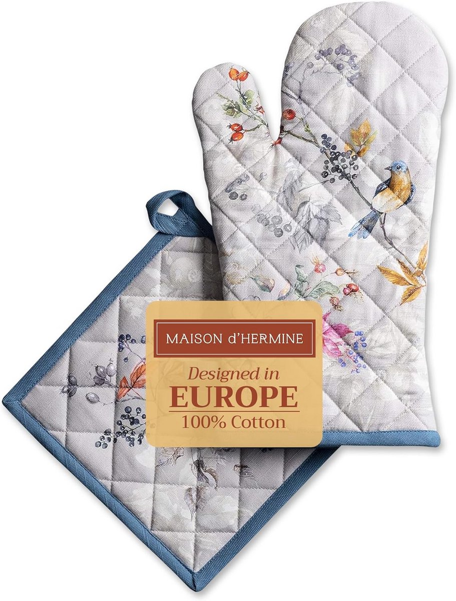 Ovenwanten Set - Keukenhandschoenen Pothouder - Veilig Koken - 100% Gekamd Katoen - 19x33cm 20x20cm - Grijs