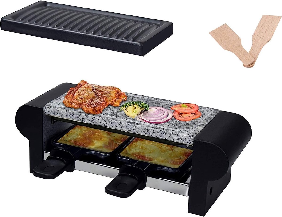 Elektrische Raclette Grill - Mini Grill - Gezellig Eten - Dubbele Plaat - Voor 2 Personen - Zwart
