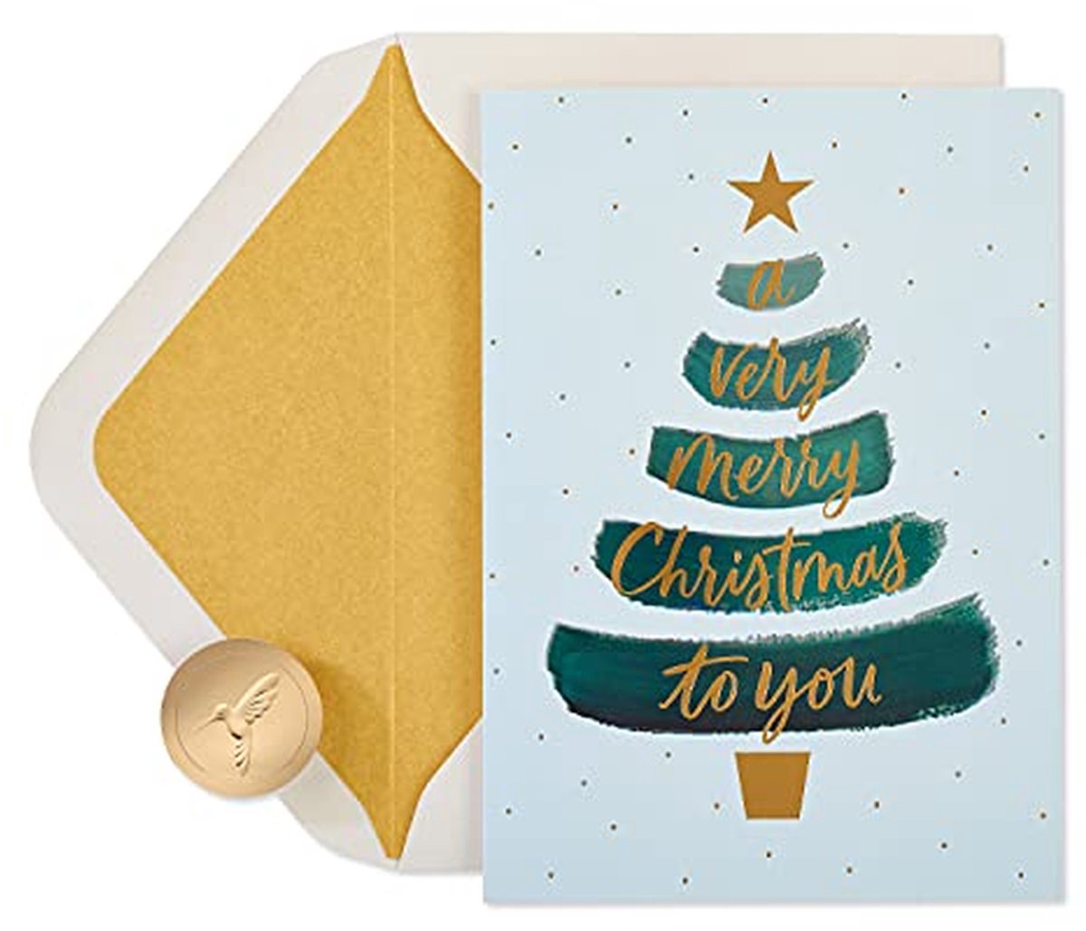 Kerstkaarten Set - Feestelijke Groeten - Vakantie Wensen - Met Metallic Folie - 14 Stuks - Kerstboom Ontwerp