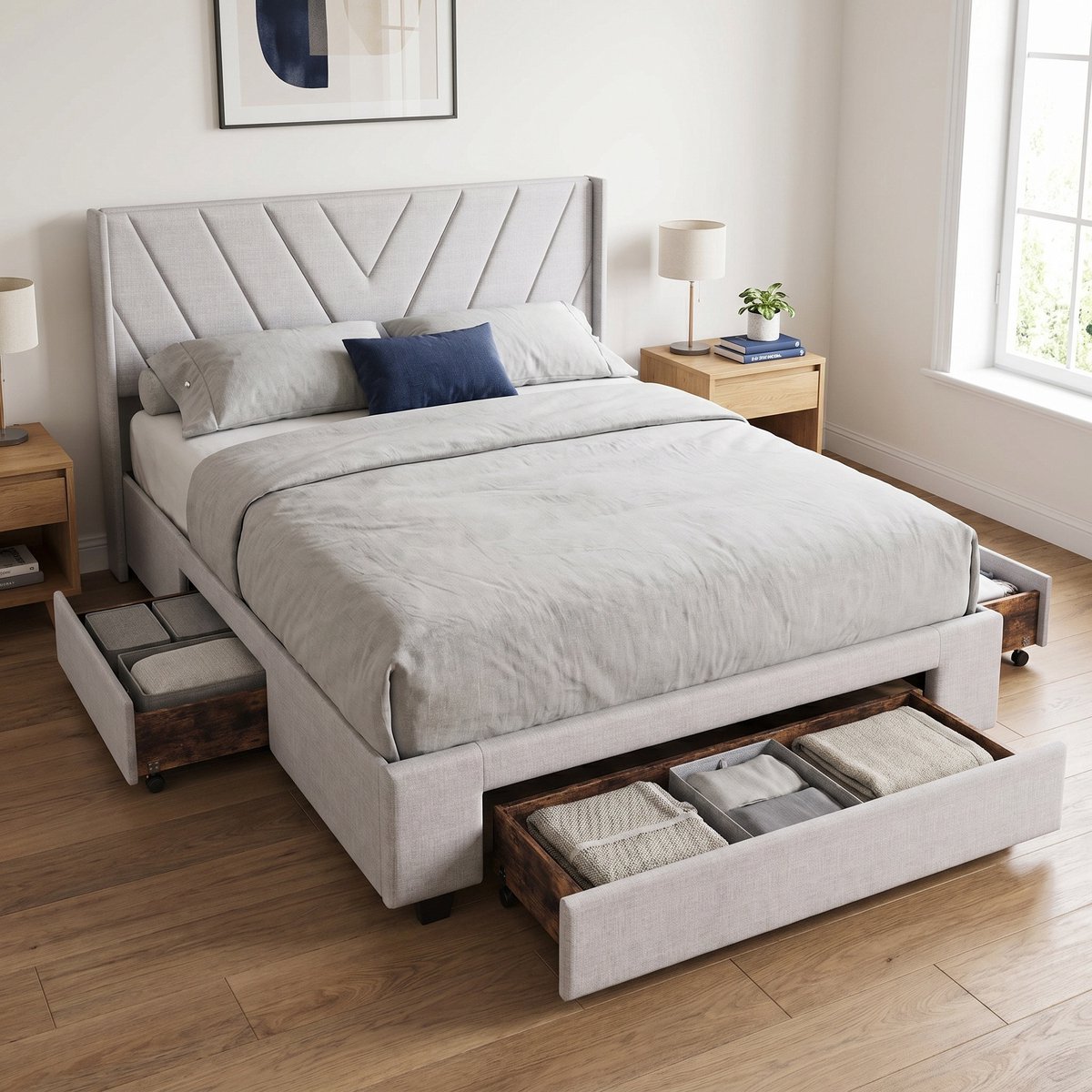 Mofor Gestoffeerd Opbergbed 140x200 cm met 3 lades - Tweepersoonsbed met Geometrisch hoofdbord - Lattenbodem - Linnen - Beige
