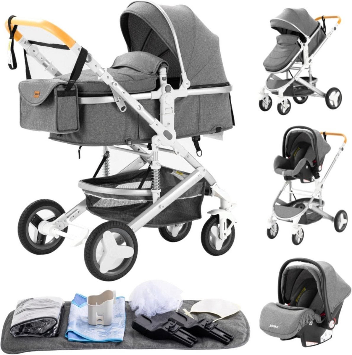 Kinderwagen 3-in-1 - Reiswieg Combinatie - Baby Vervoer - Dubbel Schokdempersysteem - 0-36 Maanden - Grijs