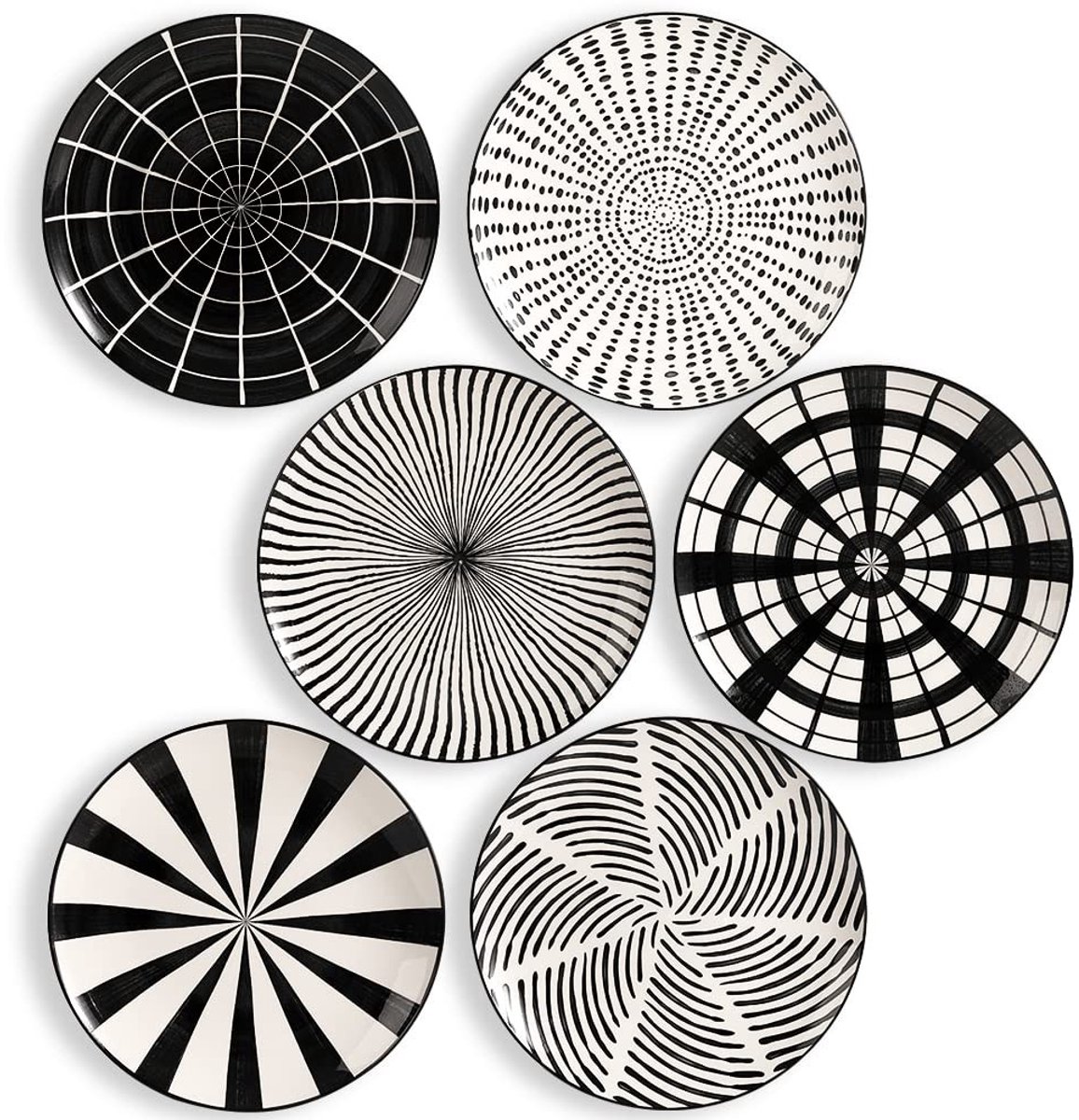 Dailygoods- Dinerborden Set van 6 - 25,5 cm Grote Porseleinen Borden - Platte Zwarte/Witte Patronen - Vaatwasser/Magnetron/Ovenbestendig - Innovatief Ontwerp - Eetborden