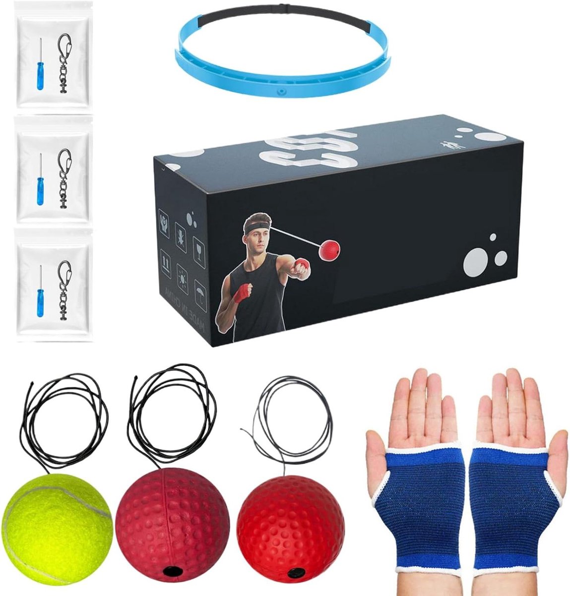 Boksen Training Bal - Hoofdband Set - Reflexen Verbeteren - Inclusief Handwraps - Verschillende Ballen - Zwart