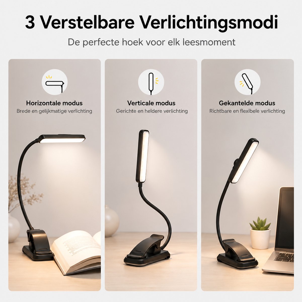 Sounix LED Leeslampje voor Boek met Klem - 315° draaibaar Leeslamp - 24 LED - Boeklampje met 3 Lichtstanden - Oplaadbare boeklamp USB - Dimbaar - Zwart — cadeau in Gadgets - foto 6