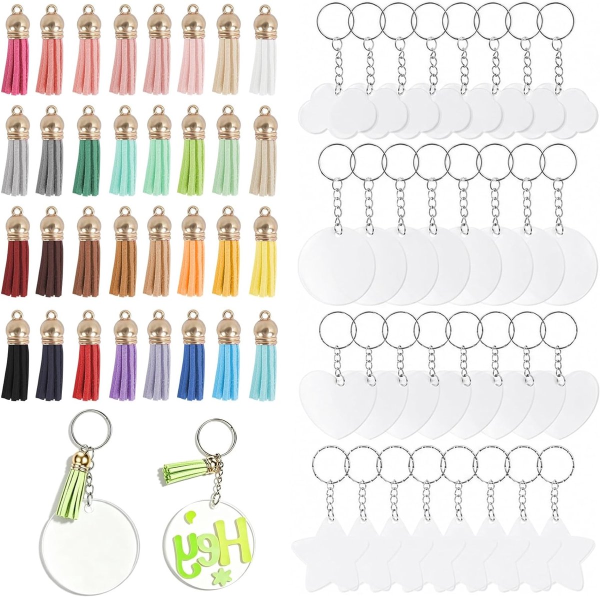 Complete DIY Sleutelhanger Set met 32 Transparante Acryl Blankjes, Sleutelhanger Ringen en Kleurrijke Kwastjes voor Creatieve Projecten en Persoonlijke Cadeaus