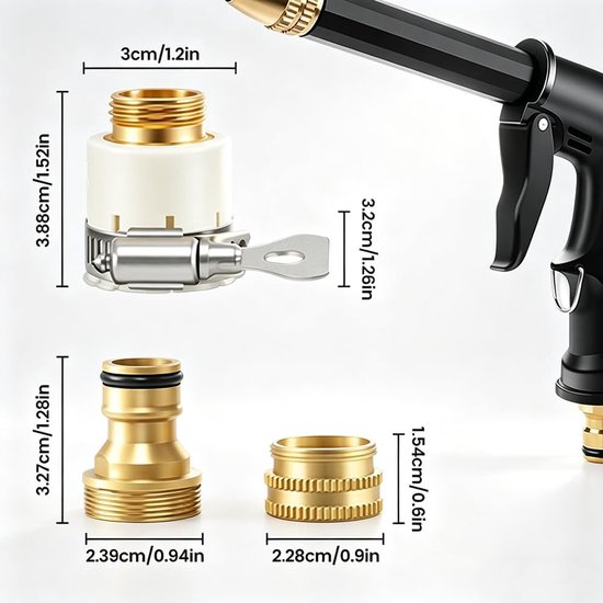 Gedetailleerde afmetingen van een schuimopzetstuk en twee gouden adapters voor een hogedrukspuit.