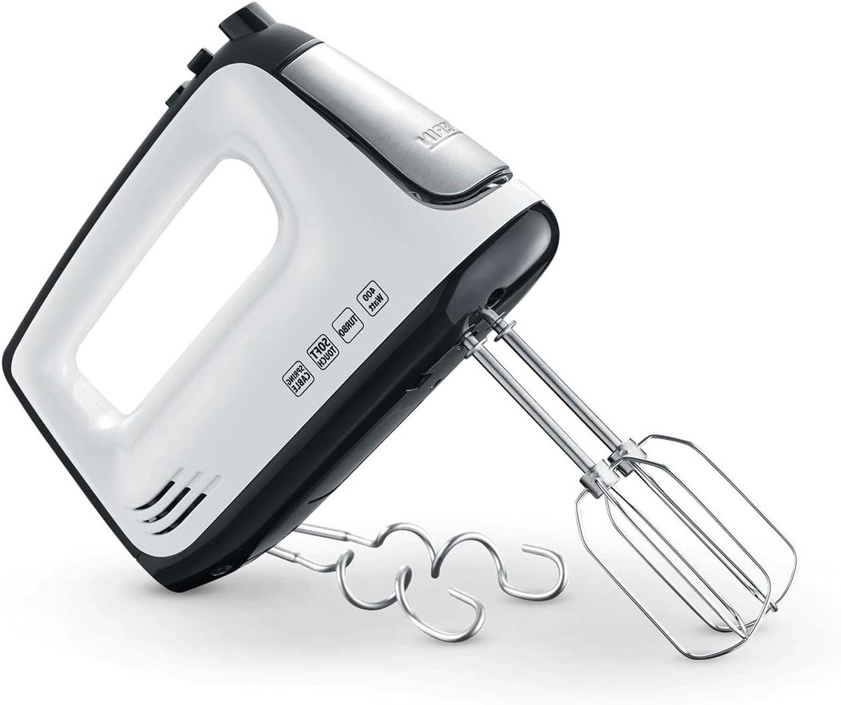 Handmixer - Keukenmixer - Beslag Maken - Flexibel Spiraalkabel - 400 Watt - Wit Zwart