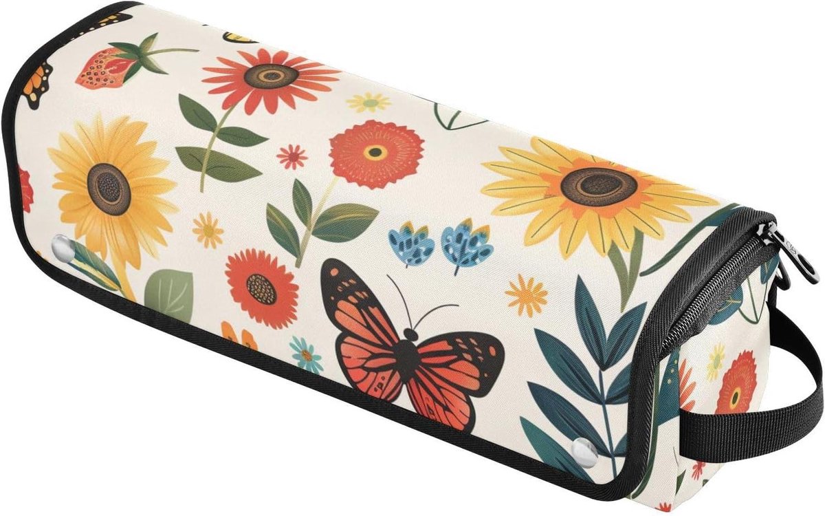 Krultang Reisetui - Hittebestendige Mat - Haarstyling Opbergen - 2-in-1 Ontwerp - 37 cm Lengte - Zonnebloemen Vlinders
